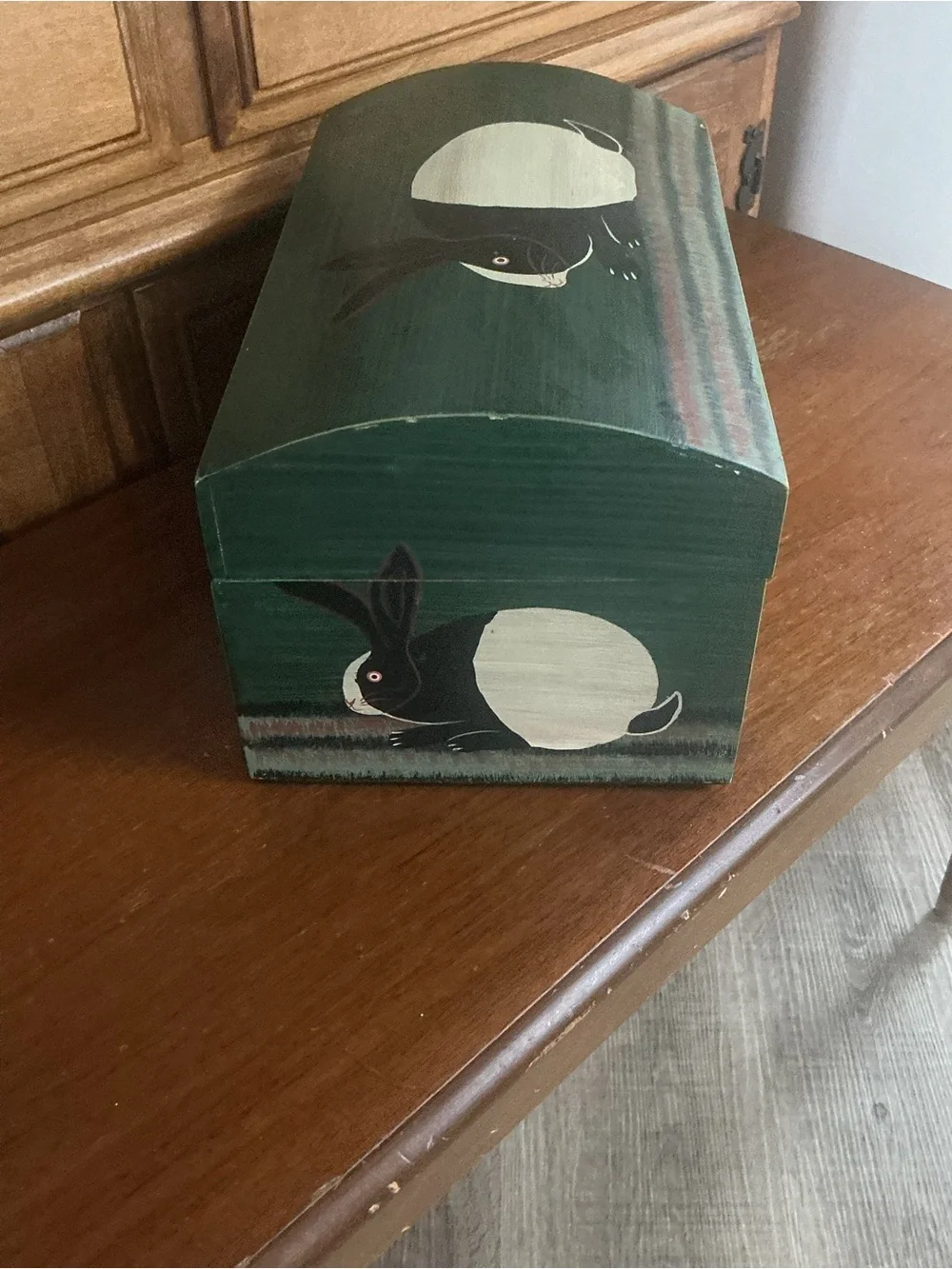 Vintage Warren Kimble Wooden Box Folk Art Green Trunk Bunny Rabbit Keepsake 12